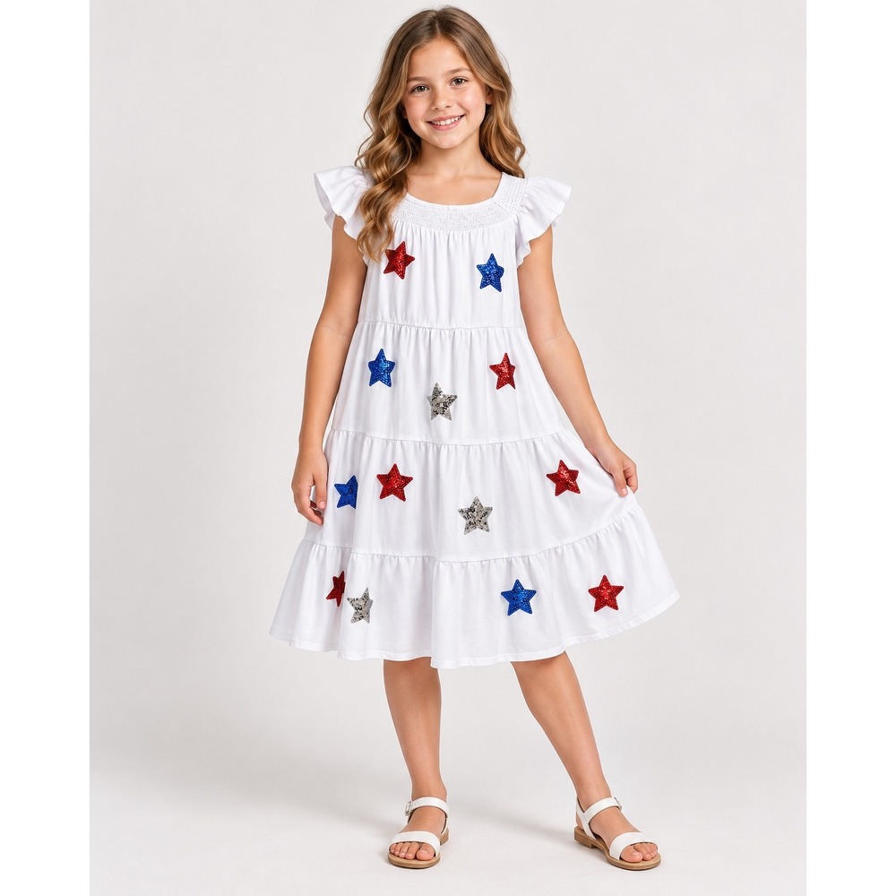 Sparkle in Pink Girls White Sequin Star Tiered Dress Patriotic 6XL (14-16)